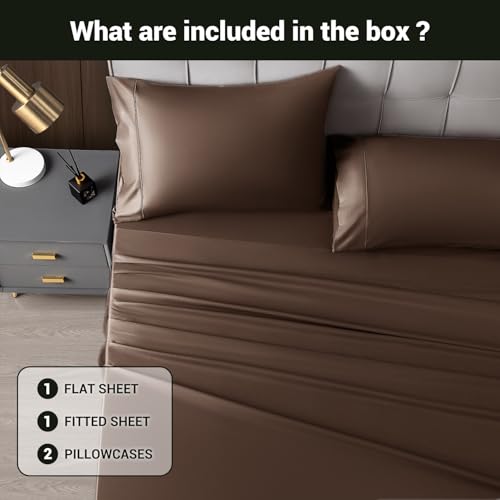 Shilucheng 4 Piece King Sheet Sets, Cooling Sheets, Blend Rayon Derived from Bamboo, Deep Pocket Up to 16", Breathable & Soft Bed Sheets, Hotel Silky Bedding Set, Brown Shilucheng