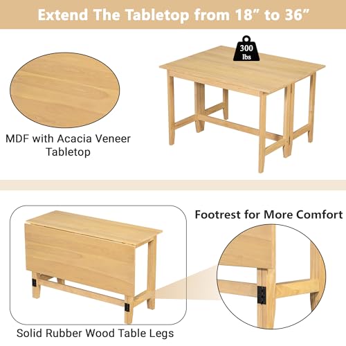 Merax Farmhouse Wood Extendable Dining Table with Drop Leaf for Small Places, Modern Freestanding Scalable Desk for Kitchen & Living Room, Natural Merax