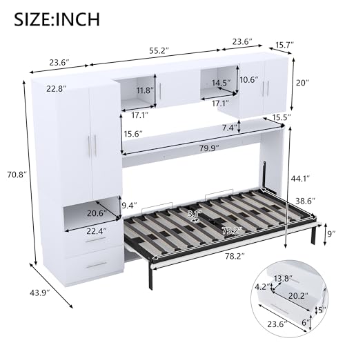 FAVSH Twin Size Murphy Bed Built-in Wardrobe and Table, Fold-The-Way Bed,with Open Shelves and Storage Drawers,Space-Saving Hidden Bed,Wall Bed for Bedroom.White FAVSH