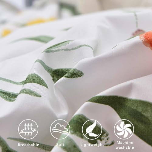 Nanko Floral Duvet Cover King Size, 3 Pieces Green Leaves Yellow Flowers Botanical Pattern Comforter Cover Set, Soft & Lightweight Microfiber Reversible Quilt Cover for Women 104x90 Inches, White Nanko
