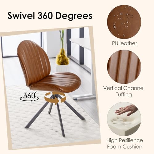 Relbiety 19" Faux Leather Swivel Office Chair No Wheels, Upholstered Armless Modern Desk Task Criss Cross Chair Legged No Wheels and No Arms, Swivel Vanity Chairs for Bedroom Office, Brown Relbiety