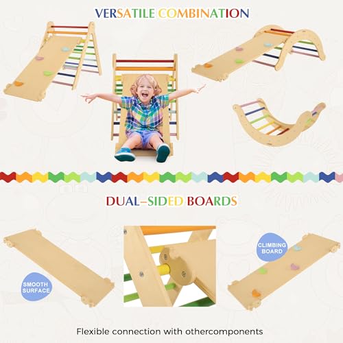 Belleur 7 in 1 Wood Pikler Triangle Set, Foldable Toddler Climbing Toys Indoor, Montessori Climbing Set with Ramp, Arch & Climbing Triangle, Baby Climbing Gym, Indoor Playground for Kids 1-6 - Rainbow Belleur