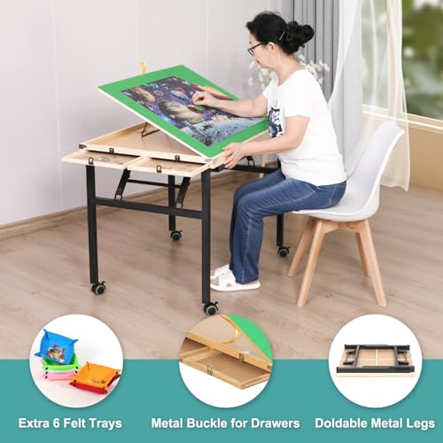 JoyPcsTable Puzzle Table 1500 Piece, 3-Angle Adjustable Jigsaw Puzzle Table with Drawers, Portable Puzzle Table with Legs & Cover, Folding Puzzle Table on Wheels for Adults, Gift for Mothers' Day JoyPcsTable