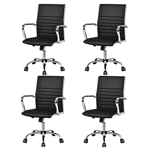 Giantex Ribbed Office Chair, Ergonomic Modern Leather Desk Chair with Adjustable Height & Arms, Swivel Mid Back Executive Conference Room Chairs for Meeting Room (4, Black) Giantex