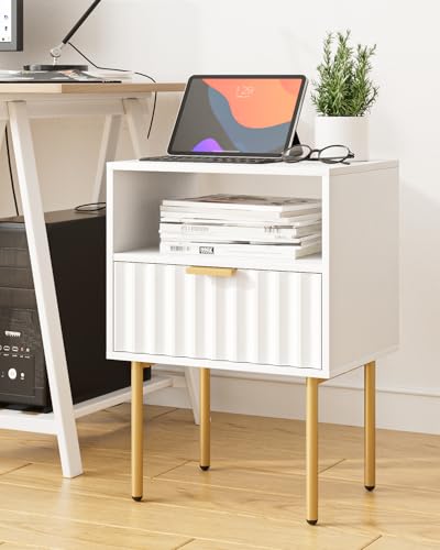 AEPOALUA Night Stand,Modern Bedside Table with Drawer and Shelf,White Night Stand with Gold Frame,Small Side Table for Bedroom,Living Room AEPOALUA