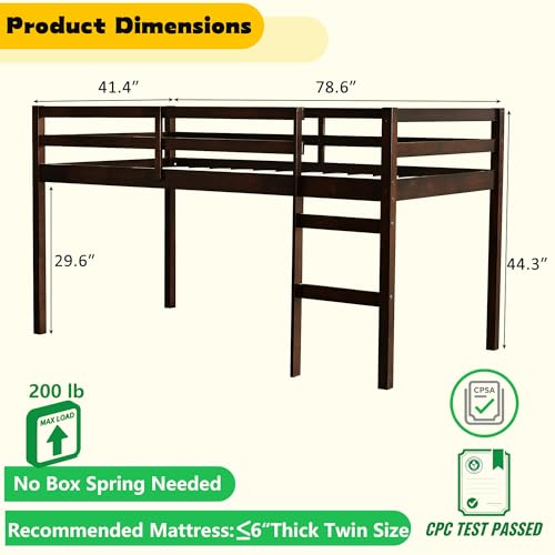 Mirightone Low Loft Bed Twin Size, Wood Junior Loft Bed Frame with Ladder for Kids Girls Boys Teens, Solid Rubberwood, Espresso Mirightone