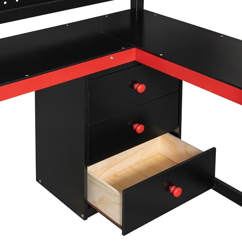 RUNNA Full Size Wooden Gaming Loft Bed with Storage Stairs, Desk, Shelves & Pegboard, Space-Saving Esports Style for Teens & Adults (Black+Red-3) RUNNA