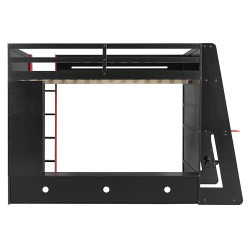 VilroCaz Modern Full Size Gaming Loft Bed with Built-in Desk and Multi-Storage Shelves, Wood Loft Bed Frame with Light Strip, Maximize Space Saving (Red-5.17) VilroCaz