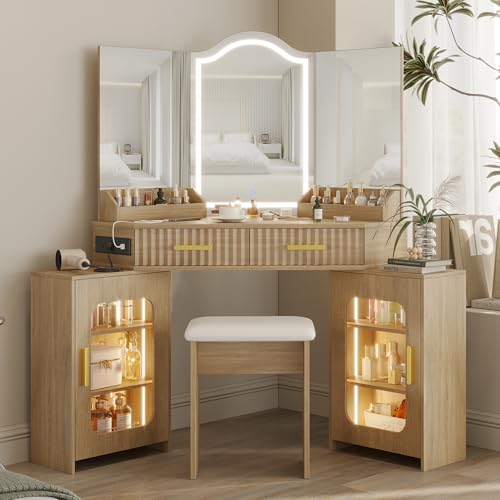 ZKIODV Corner Vanity Desk with 3 Way Mirror & LED Lights, Makeup Table Set with Charging Station, Storage Drawers & Cabinets, Modern Dressing Table with Stool for Bedroom, Women & Girls Gift (Oak) ZKIODV