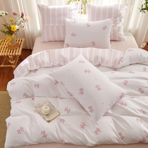Bildenly Pink Bow Duvet Cover Twin Size Reversible White Pink Bows Striped Bedding Set Kids Girls Cute Comforter Cover Set Soft Breathable Microfiber Quilt Cover with Zipper Closure and 1 Pillowcase Bildenly