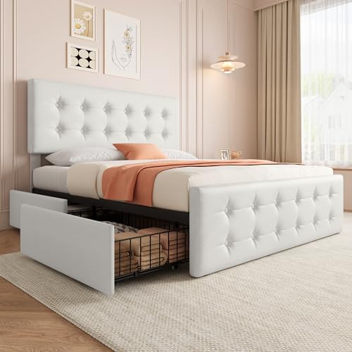 IDEALHOUSE Full Size Bed Frame with 4 Storage Drawers and Headboard, Faux Leather Upholstered Platform Bed Frame with Wooden Slats Support, Button Tufted Design, No Box Spring Needed, Beige IDEALHOUSE