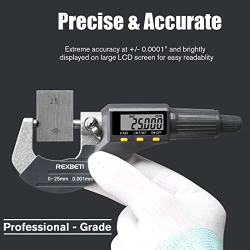 REXBETI Digital Micrometer, Professional Inch/Metric Measuring Tools 0.00005"/0.001 mm Resolution Thickness Gauge, Protective Case with Extra Battery REXBETI