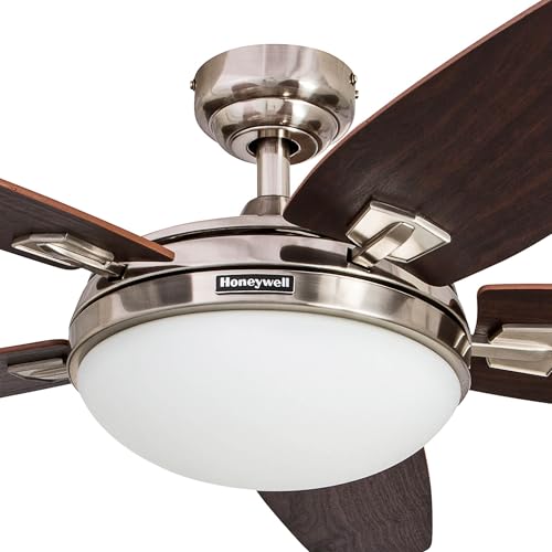 Honeywell Ceiling Fans Carmel, 48 Inch Contemporary Indoor LED Ceiling Fan with Light, Remote Control, Dual Mounting Options, Dual Finish Blades, Reversible Motor - 51920-01 (Brushed Nickel) Honeywell