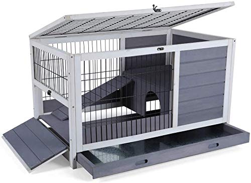PETSFIT Guinea Pig House Leak Proof Design, Spruce Wood Rabbit Hutch with Bottom Net Hideout for Rest and Ramp for Enter and Out Solid Grey Petsfit