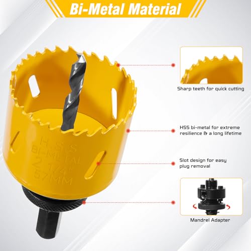 KATA Bi-Metal Hole Saw Kit, 18 Piece M42 High Speed Steel Hole Saw Set with 3/4" -2-1/2" (19-64mm) 11PCS Hole Saw Blades in Case with Mandrels, Drill KATA