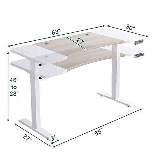 Sileye Electric Sit Dual Motor Height Adjustable, Memory Stand Up Desk with Drawer, Ideal for Daily Use at Home Office, Bedroom, 63x30 Inch, White and Oak Sileye