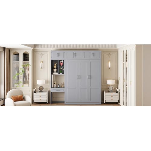 Harper & Bright Designs Queen Size Murphy Bed with Desk, Storage Cabinet & Shelves, Foldable Wooden Wall Bed, Space-Saving, Grey Harper & Bright Designs