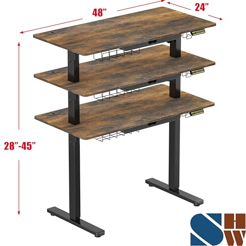 SHW 48-Inch Electric Height Adjustable Standing Desk with Drawer, Memory Preset and Cable Management Tray, Rustic Brown SHW