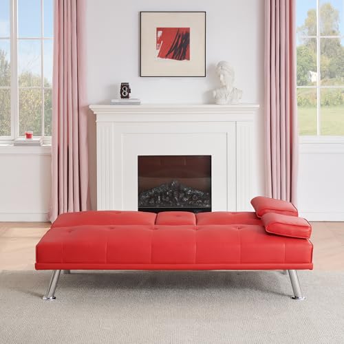 Zentrava Red 67" Convertible 2 in 1 Futon Sofa Bed with 2 Cup Holders,Modern PU Leather Folding Loveseat Sleeper Couches w/Adjustable Backrest for Living Room Apartment Office Easy Assemble (Red) Zentrava