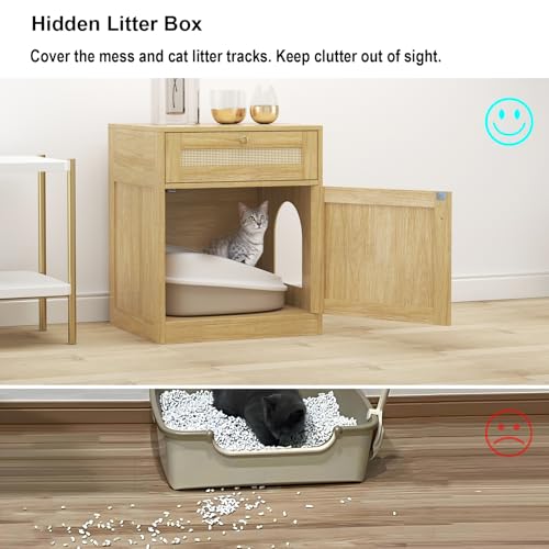 COSLIANA Cat Litter Box Enclosure, Hidden Cat Litter Box Furniture Indoor Wood Cat House Rattan End Table with Drawer, Oak COSLIANA