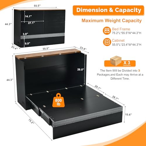 VINGLI Full Size Murphy Bed with Storage Drawer,Smart LED Lighting,Built-in 2 Charging Stations, Space-Saving Cabinet Bed for Kids,Adults & Guests,Classic Black VINGLI