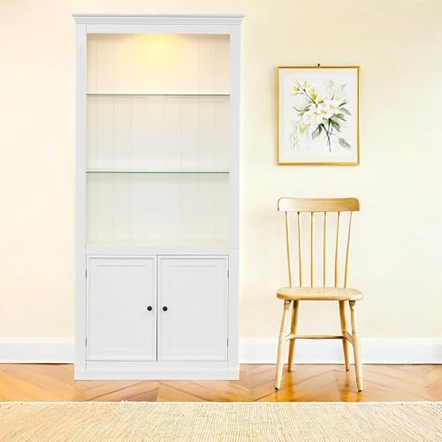 Virubi 78.75" Farmhouse Tall Bookcase Display Cabinet with Storage and LED Light, 5 Colors Adjustable, Wood Mid Century Modern Bookshelves with Shelves for Living Room, Office, Freestanding, White Virubi