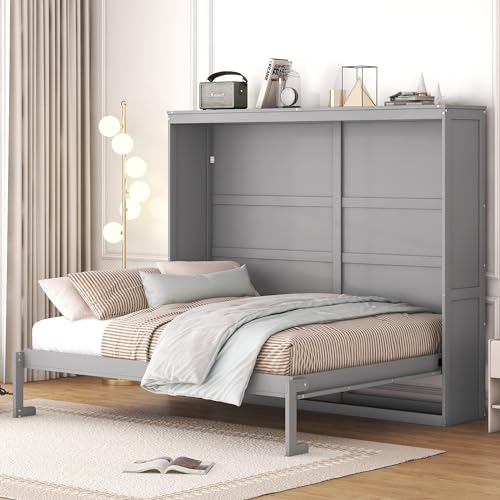 MERITLINE Queen Horizontal Murphy Chest Bed,Wood Folding Grey Murphy Chest Bed Cabinet for Adults No Box Spring Needed MERITLINE