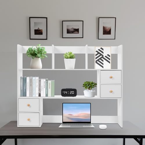 Desk Hutch, Desktop Hutch with 8 Shelves & 4 Drawers, Vanity Desk with Hutch Top Only, Extendable Small Desk Shelf for Top of Desk, Desktop Bookcase Bookshelf for Home Office Generic