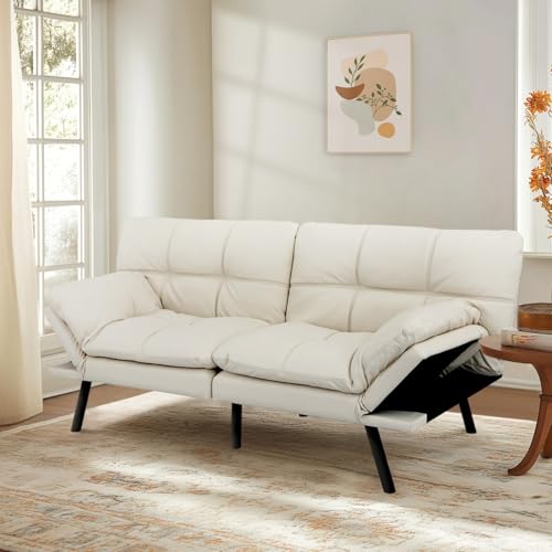 MUUEGM 71-Inch Convertible Futon Sofa Bed with Adjustable Backrest & Removable Armrests, Foldable Sleeper Loveseat for Small Space Living Room, Studio Apartment, Home Office,White MUUEGM