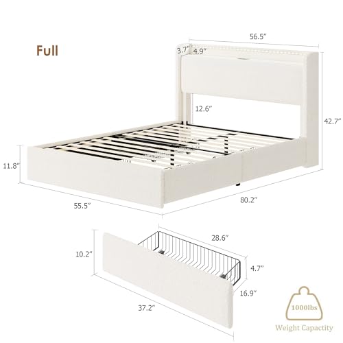 Full LED Bed Frame with 4 Storage Drawers and Storage Headboard, Soft Boucle Upholstered Platform Bed Frame with Charging Station and USB Ports, Solid Wood Slats Support, No Box Spring Needed, Cream Garvee