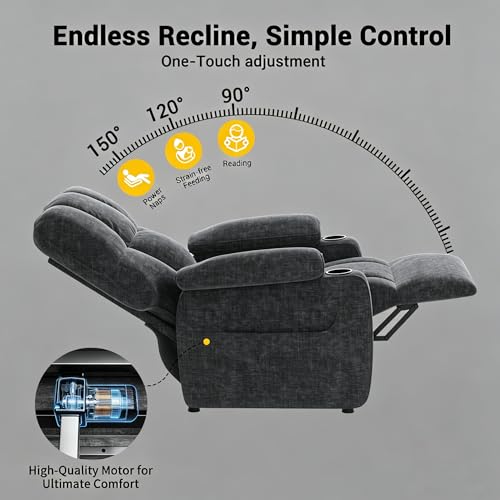 Pipishell Power Recliner Chair for Adults, One-Touch Synchronized Reclining, Oeko-TEX Chenille Fabric Electric Recliner with Remote USB Ports, Cup Holder & Side Pockets, for Living Room & Bedroom