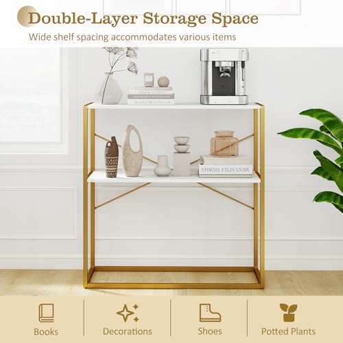 GOFLAME 2-Tier Entryway Table, 36” Console Table with Open Storage Shelf, Faux Marble Top & Metal Frame, Modern Narrow Long Behind Sofa Tables for Living Room, Hallway, Entry, White & Gold GOFLAME