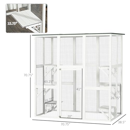 PawHut Outdoor Cat House Big Catio Wooden Feral Cat Shelter Enclosure with Large Spacious Interior, 6 High Ledges, Weather Protection Asphalt Roof, 71" L, White PawHut