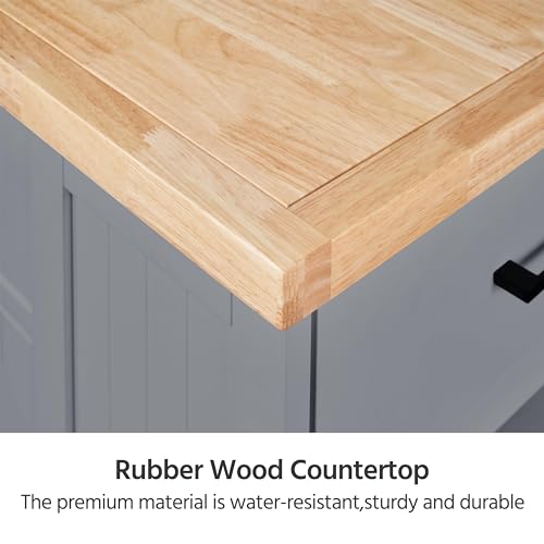 Yaheetech Rolling Kitchen Island with Thicker Rubberwood Countertop, Kitchen Cart on Hidden Wheels with 3 Drawers & Open Shelves, Storage Cabinet w/Inner Adjustable Shelves for Dining Room, Dark Gray Yaheetech