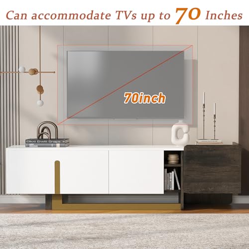 Merax 66.7 inch Modern TV Stand for TVs up to 70 Inches, Light Luxury TV Cabinet with Storage, 1 Drawer 2 Cabinets Television Stands with Metal Legs, Entertainment Center for Living Room, White Merax