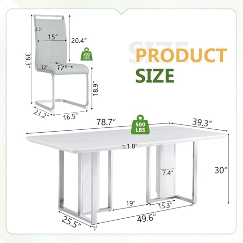 MEMUY 79" Modern Dining Table Set for 8,White Dining Room Table Set with Silver Chrome Pedestal,79" Glossy Kitchen Room Table Set for 8-10 Person,Dining Room Table with 8 Chairs,Faux Marble MEMUY