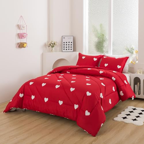 Caressma Love Comforter Set Twin Size - Cute White Heart Print Red Bedding Comforter with Matching Pillowshams Caressma
