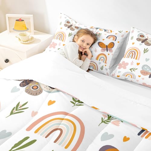 Homewish Rainbow Comforter Set Full Size | Girls Bedding Set Boho Moth Quilt Set Kids Child Teens Bedroom Decor,Cartoon Love Flower Leaves Down Comforter 3Pcs with 2 Pillowcases Homewish