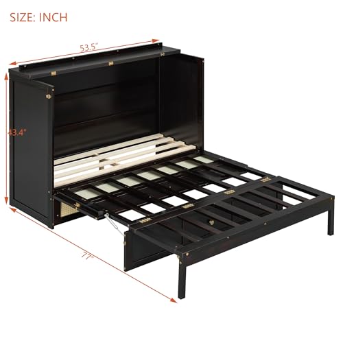 Merax Farmhouse Wood Murphy Bed Chest, Foldable Wall Platform Bed with Storage Drawer/Space Saving/Wood Slat Support/Full, Espresso +Natural