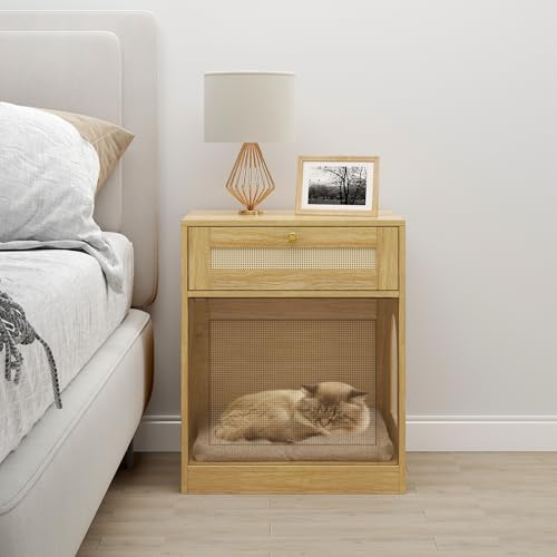 COSLIANA Cat Litter Box Enclosure, Hidden Cat Litter Box Furniture Indoor Wood Cat House Rattan End Table with Drawer, Oak COSLIANA