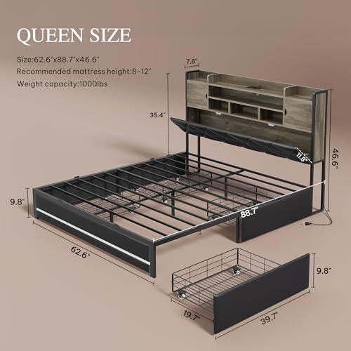 DWVO Queen Size Bed Frame with RGB LED Lights & Storage Bookcase Headboard, Upholstered Bed with Charging Station and 4 Drawers, No Box Spring Needed, Easy Assembly, Noise-Free, PU Leather Black DWVO