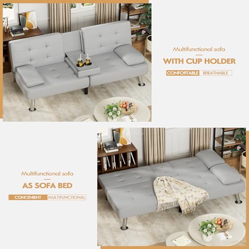 JUMMICO Faux Leather Futon Sofa Bed Futon Couch with Removable Armrests Adjustable Sleeper Sofa Bed with 2 Cup Holders for Living Room (PU Leather, White) JUMMICO