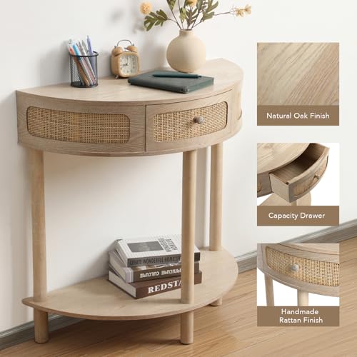 Wnutrees Rattan Half Moon Console Table, Modern Entryway Table with Drawer, Boho Sofa Table with Bottom Storage Shelf, Small Semicircular Tables for Hallway, Living Room, Natural Wnutrees