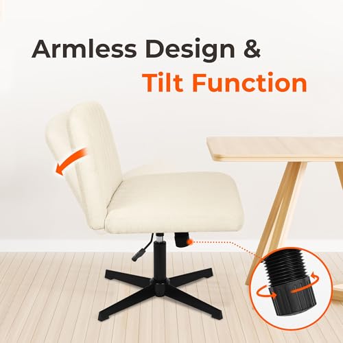 NEO Chair Criss Cross Chair No Wheels Armless Cross Legged Office Desk Wide Comfy Vanity Makeup Chair Adjustable Computer Task for Home Office Fabric (Beige) NEO CHAIR