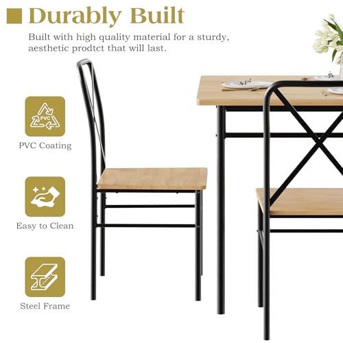 VECELO 5-Piece Kitchen Dining Table Set, Wood Tabletop & Heavy-Duty Metel Frame, Rectangle Dinette with 4 Chairs for Small Space, Breakfast Nook, Natural Black VECELO