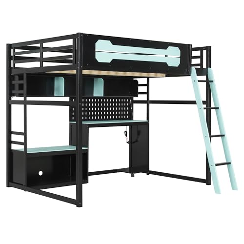 Merax Full Size Wood Loft Bed with Desk, Storage Shelves and Pegboard, Gaming Loft Bed with Light and USB Ports, Black+Blue Wooden Bed Frame Merax
