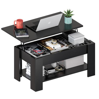 MGHH Lift Top Coffee Table with Hidden Storage Compartment & Open Shelves, 39" Rising Tabletop Table for Living Dining Room,Black