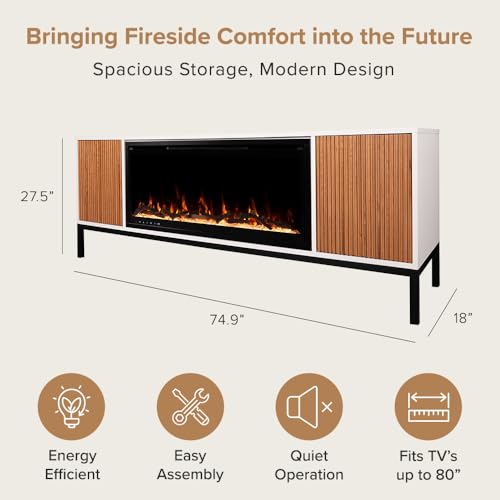 Modern Ember Emory 72-in Smart Electric Fireplace TV Stand | 42β Firebox Heater | Multi-Flame Colors | Remote Control, Alexa/WiFi Enabled | Fits TVs up to 80β | White with Fluted Details Modern Ember