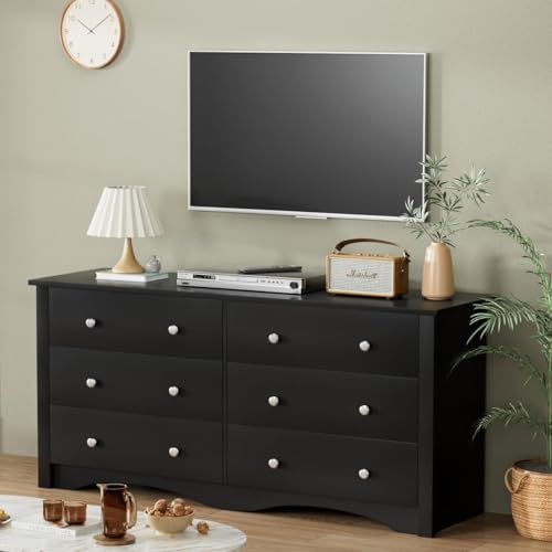 YESHOMY Dresser with 6 Drawer, Wood Wide Chest Storage Organizer and TV Stand for Living Room, Hallway, Dormitory, Black YESHOMY