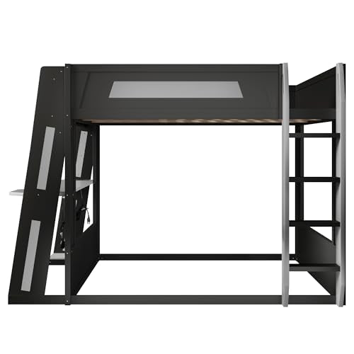 CKLMMC Queen Size Wooden Gaming Bunk Bed with Desk, Two Storage Shelves, USB and LED Light, Sturdy Loft Bed for Gamers & Small Spaces (Black+Grey1) CKLMMC